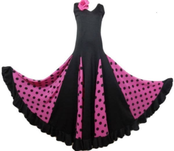 VESTIDO DE ENSAYO O ESCENARIO PARA NIÑA NEGRO Y FUCSHIA A LUNARES