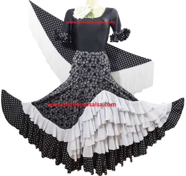 FALDA FLAMENCO PARA ESCENARIO NEGRA Y ROJA CON LUNARES EN FORMA DE FLORES PARA NIÑA - Imagen 2