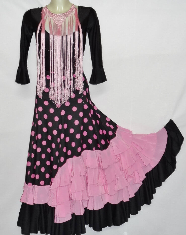 FALDA FLAMENCO DE NIÑA NEGRA Y VOLANTES ROSA CON LUNARES ROSA - Imagen 2